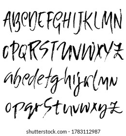 Hand drawn font made by dry brush strokes. Grunge style alphabet. Handwritten font. Vector illustration.