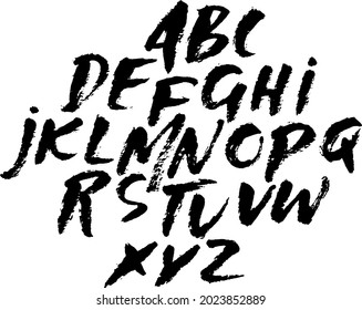 Hand drawn font made by dry brush strokes. Grunge style alphabet. Handwritten font. Vector illustration.