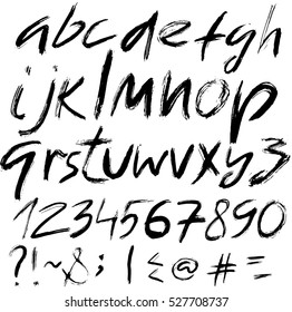 Hand drawn font made by dry brush strokes. Grunge style alphabet