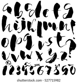 Hand drawn font made by dry brush strokes. Grunge style alphabet. Handwritten font. Vector illustration