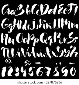 Hand drawn font made by dry brush strokes. Grunge style alphabet. Handwritten font. Vector illustration