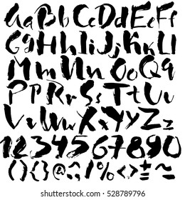 Hand drawn font made by dry brush strokes. Grunge style alphabet. Handwritten font. Vector illustration