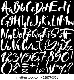 Hand drawn font made by dry brush strokes. Grunge style alphabet. Handwritten font. Vector illustration