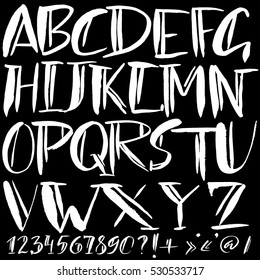 Hand drawn font made by dry brush strokes. Grunge style alphabet. Handwritten font. Vector illustration