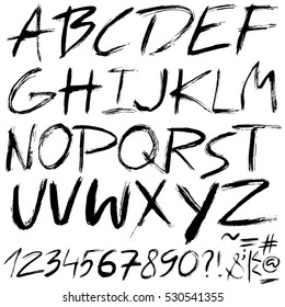 Hand drawn font made by dry brush strokes. Grunge style alphabet. Handwritten font. Vector illustration