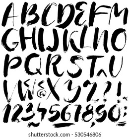 Hand drawn font made by dry brush strokes. Grunge style alphabet. Handwritten font. Vector illustration