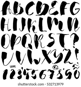 Hand drawn font made by dry brush strokes. Grunge style alphabet. Handwritten font. Vector illustration