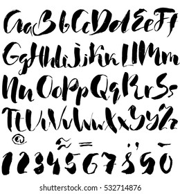 Hand drawn font made by dry brush strokes. Grunge style alphabet. Handwritten font. Vector illustration