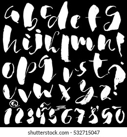 Hand drawn font made by dry brush strokes. Grunge style alphabet. Handwritten font. Vector illustration