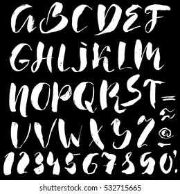 Hand drawn font made by dry brush strokes. Grunge style alphabet. Handwritten font. Vector illustration