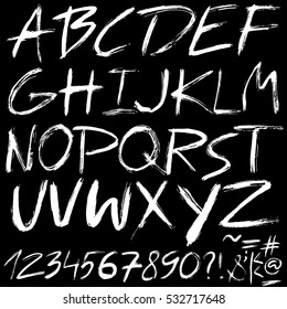 Hand drawn font made by dry brush strokes. Grunge style alphabet. Handwritten font. Vector illustration