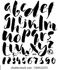 Hand drawn font made by dry brush strokes. Grunge style alphabet. Handwritten font. Vector illustration