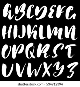 Hand drawn font made by dry brush strokes. Grunge style alphabet. Handwritten font. Vector illustration