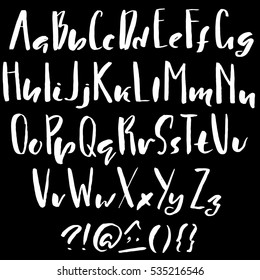 Hand drawn font made by dry brush strokes. Grunge style alphabet. Handwritten font. Vector illustration