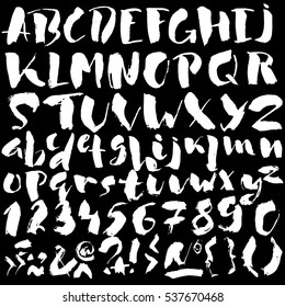 Hand drawn font made by dry brush strokes. Grunge style alphabet