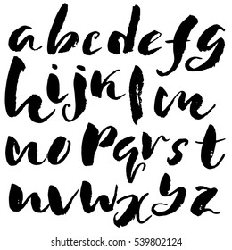 Hand drawn font made by dry brush strokes. Grunge style alphabet. Handwritten font. Vector illustration