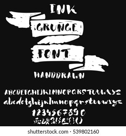Hand drawn font made by dry brush strokes. Grunge style alphabet. Handwritten font. Vector illustration