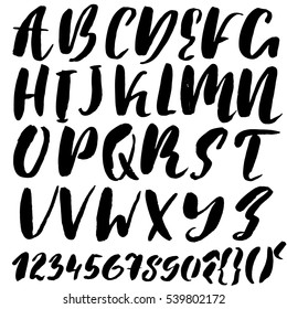 Hand drawn font made by dry brush strokes. Grunge style alphabet. Handwritten font. Vector illustration