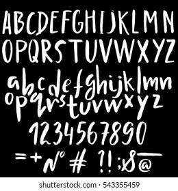 Hand drawn font made by dry brush strokes. Grunge style alphabet. Handwritten font. Vector illustration
