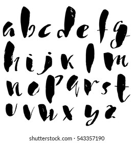 Hand drawn font made by dry brush strokes. Grunge style alphabet. Handwritten font. Vector illustration