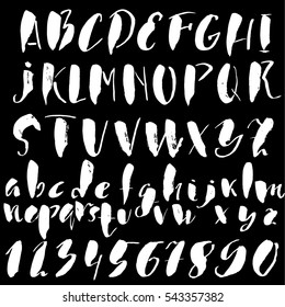Hand drawn font made by dry brush strokes. Grunge style alphabet. Handwritten font. Vector illustration