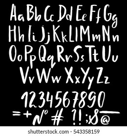 Hand drawn font made by dry brush strokes. Grunge style alphabet. Handwritten font. Vector illustration