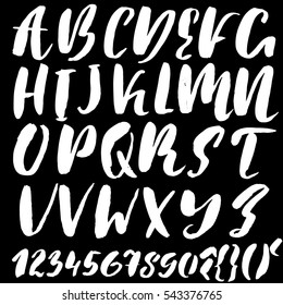 Hand drawn font made by dry brush strokes. Grunge style alphabet. Handwritten font. Vector illustration