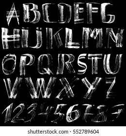 Hand drawn font made by dry brush strokes. Grunge style alphabet. Handwritten font. Vector illustration