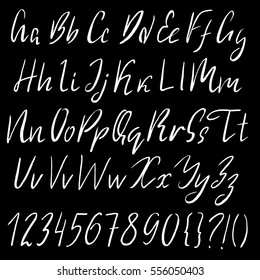Hand drawn font made by dry brush strokes. Grunge style alphabet. Handwritten font. Vector illustration