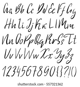 Hand drawn font made by dry brush strokes. Grunge style alphabet. Handwritten font. Vector illustration