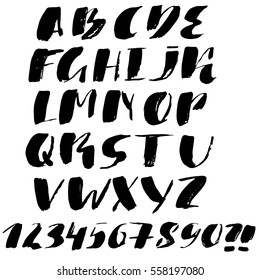 Hand drawn font made by dry brush strokes. Grunge style alphabet. Handwritten font. Vector illustration