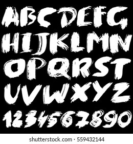 Hand drawn font made by dry brush strokes. Grunge style alphabet