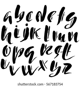 Hand drawn font made by dry brush strokes. Grunge style alphabet