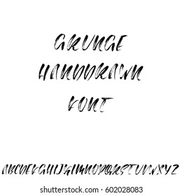 Hand drawn font made by dry brush strokes. Grunge style modern alphabet. Handwritten font. Vector illustration