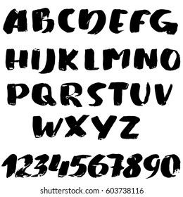 Hand drawn font made by dry brush strokes. Modern brush lettering. Grunge style alphabet. Vector illustration.