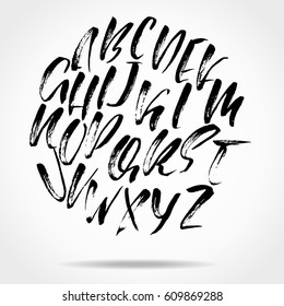 Hand drawn font made by dry brush strokes. Modern brush lettering. Grunge style alphabet. Vector illustration.