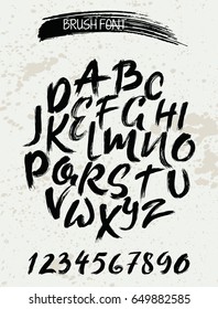 Hand drawn font made by dry brush strokes. Grunge style modern alphabet.  Vector illustration.