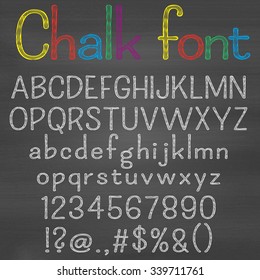 Hand drawn font on chalk background. Alphabet, numbers, punctuation marks. One letter, one compound path. Easy to change colors for your design.