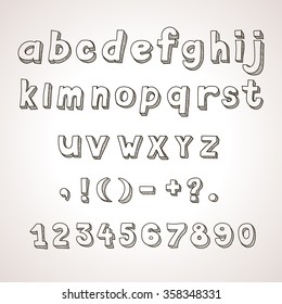Hand drawn  font,  retro alphabet lowercase and punctuation vintage style.