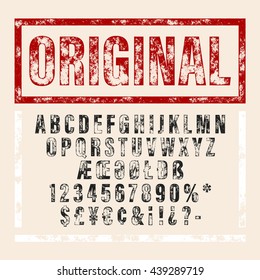 Hand Drawn Font In Retro Stamp Style. Vintage Textured Grunge Alphabet With Scratches. Vector Brush Painted Script Letters. Lettering And Custom Typography For Posters, Invitations, Cards, Etc.