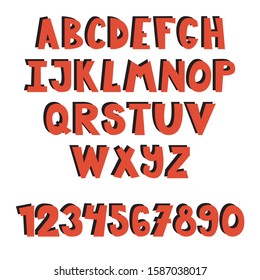 Hand drawn font. School English alphabet. Multicolored letters. Cute cartoon style. Kid style drawing font. Vector illustration