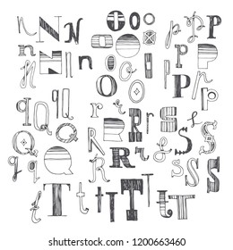 Hand drawn font with several variants of letters. N, O, P, Q, R, S and T. Part 3 of doodle anonymous alphabet