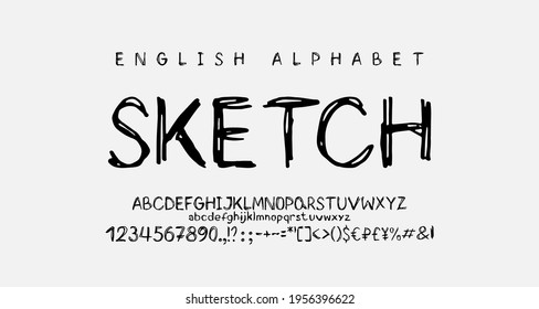 Hand drawn font sketch doodle style. Vector set of uppercase and lowercase English letters, numbers, marks, symbols