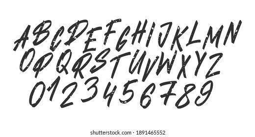 Hand drawn font typeface. Lettering brush alphabet. Vector uppercase letters and numbers