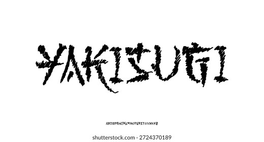 Hand Drawn Font Uppercase Only. Stylish Rough Brush Font with Japanese Inspired Shading Strokes. Charcoal Burn Effect Typography. Decorative serif vintage modern design vector illustration.