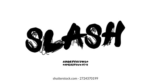 Hand Drawn Font Uppercase Only. Stylish Rough Brush Font. Groovy Bold Uneven Typography with Fiber Accents. Classic Lettering. Decorative serif vintage modern design vector illustration.