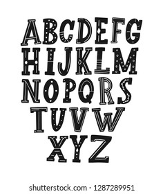 Hand Drawn Font. Vector Alphabet isolated on white background. Hand Lettering. Cartoon Typography Design. Decorative Doodle Uppercase ABC Letters. 
