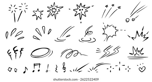 efeito de desenho à mão fonte-Linha velocidade do desenho animado, conjunto de elementos de linha de movimento explosivo boom. Estouro cômico, fumaça explosiva, velocidade de linha ícone do vetor de desenhos animados. Efeito de ação de rabiscar de desenho à mão. Vetor 