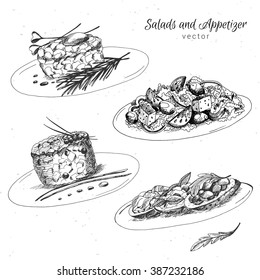 Hand drawn food appetizer and salads