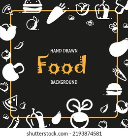 hand drawn food background in black background. 